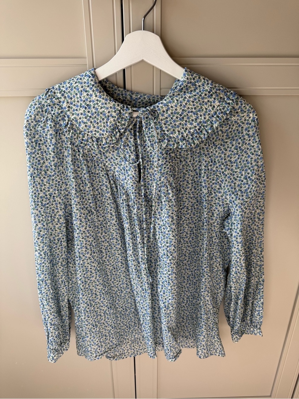 Mango Blue Micro-Floral Tie-Neck Blouse with Peter Pan Collar